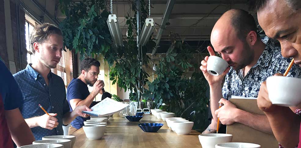 Importer, roaster members of Cooperative Coffees cupping and evaluating coffee quality.