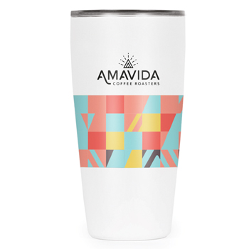 This 16oz white tumbler with Amavida Coffee Roasters logo and a custom pattern celebrate people creating positive change.