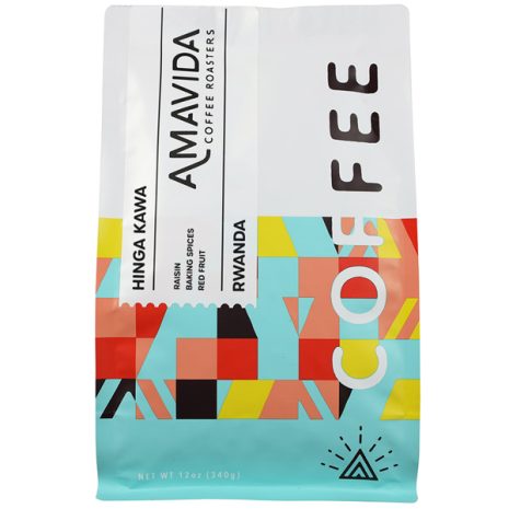 12 oz Bag of Rwandan Coffee from Hinga Kawa with flavors of raisin, baking spices and red fruit. Roasted by Amavida Coffee Roasters.